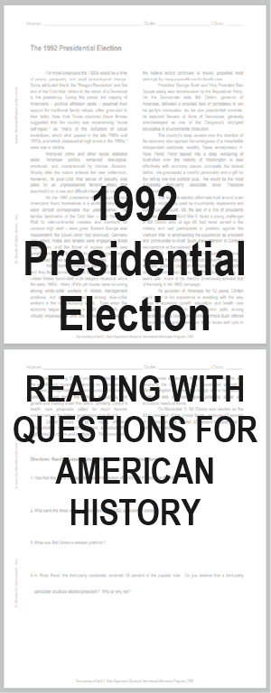 1992 Presidential Election Reading with Questions - Free to print (PDF file) for high school United States History students.