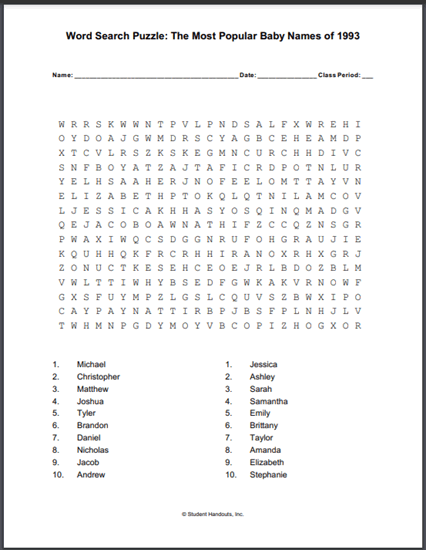 Most Popular Baby Names Word Search Puzzle 1993 - Free to print (PDF file).