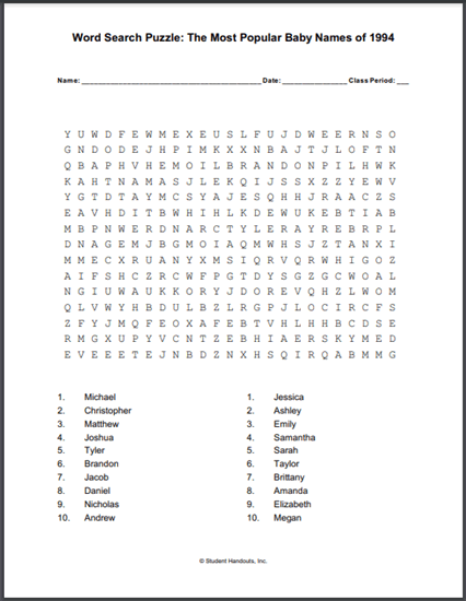 Most Popular Baby Names Word Search Puzzle 1994 - Free to print (PDF file).