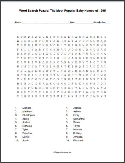 Most Popular Baby Names Word Search Puzzle 1995 - Free to print (PDF file).