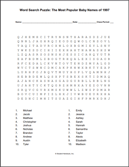 Most Popular American Baby Names of 1997 - Free to print (PDF file).