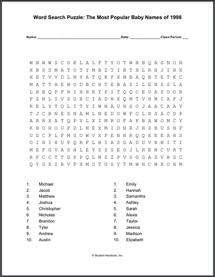 Most Popular Baby Names Word Search Puzzle 1998 - Free to print (PDF file).