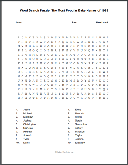 Most Popular Baby Names Word Search Puzzle 1999 - Free to print (PDF file).