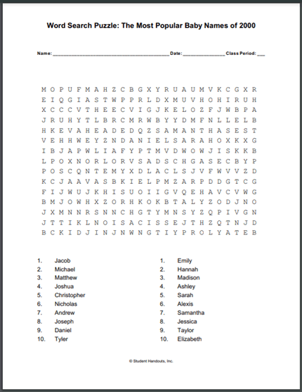 Most Popular Baby Names Word Search Puzzle 2000 - Free to print (PDF file).