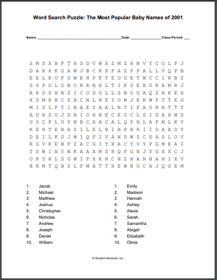 Most Popular Baby Names Word Search Puzzle 2001 - Free to print (PDF file).