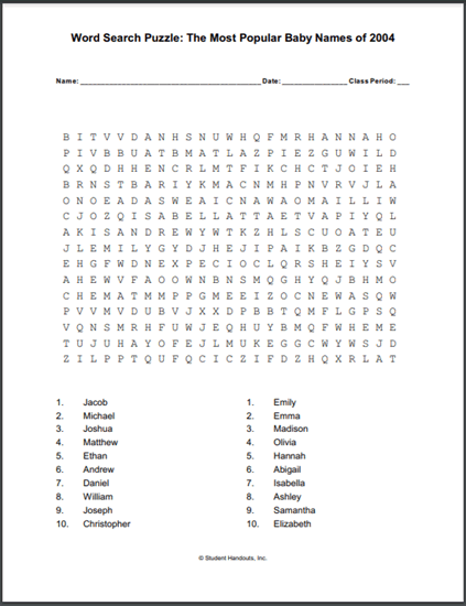 Most Popular Baby Names of 2004 Word Search Puzzle - Free to print (PDF file).