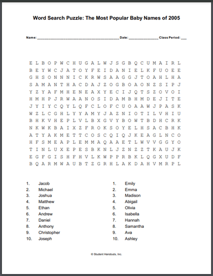 Most Popular Baby Names Word Search Puzzle 2005 - Free to print (PDF file).