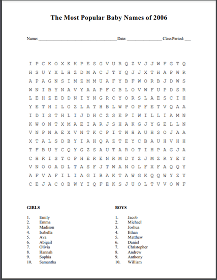 Most Popular Baby Names Word Search Puzzle 2006 - Free to print (PDF file).