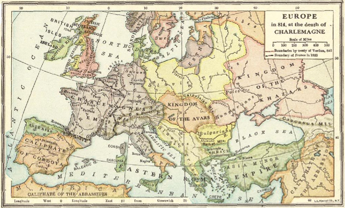 Map of Europe in 814 C.E., at the Death of Charlemagne