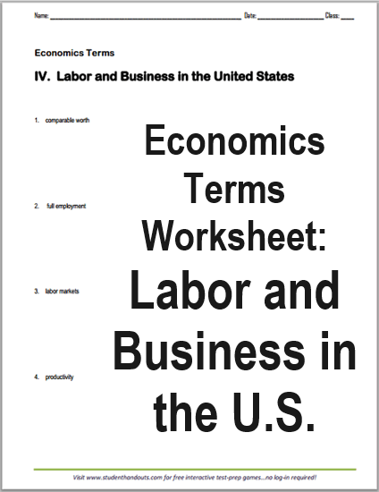 Economics Terms Worksheet: Labor and Business in the U.S. - Free to print (PDF file) for high school Economics students.