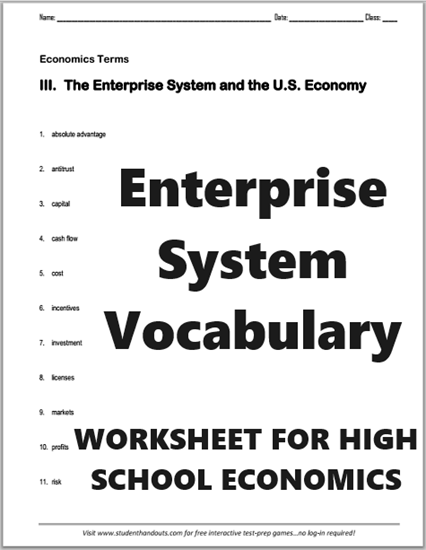 Enterprise System Vocabulary - Terms worksheet is free to print (PDF file). For high school Economics students.