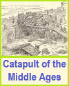 Artillery of the Middle Ages, a catapult.  Most catapults were great crossbows.  The one shown here, however, also called an onager, was like a great sling.  Catapults were used for either offensive or defensive warfare.  The one shown is being employed in the defense of city walls.  Stones were used as ammunition.