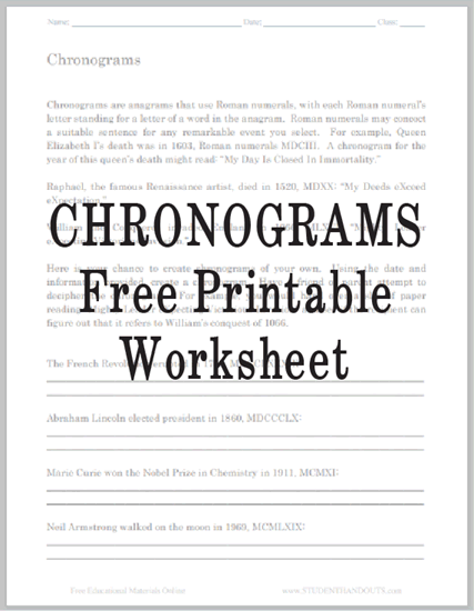 Chronograms Puzzle Worksheet for Kids - Free to print (PDF file).