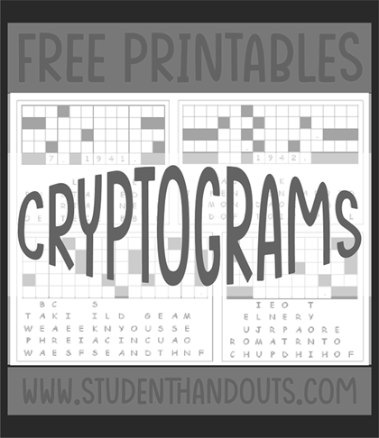 Printable Cryptogram Puzzles - Decipher the code! Fun cryptographic puzzles for students in grades 6-12. Free to print (PDF files).