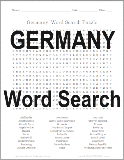 Germany Word Search Puzzle - Free to print (PDF file).