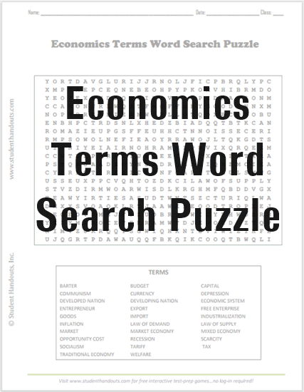 Economics Terms Word Search Puzzle - Worksheet is free to print (PDF file).