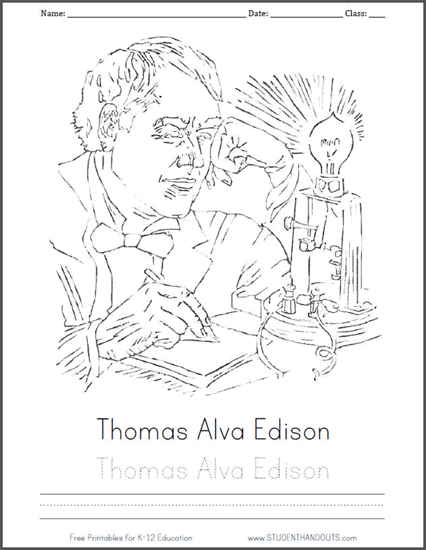 Thomas Alva Edison free printable coloring sheet for kids with handwriting practice.