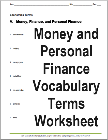 Money and Personal Finance Vocabulary Terms Worksheet - Free to print (PDF file).