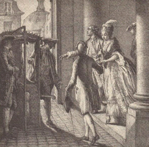 French lady entering a sedan chair before the French Revolution.