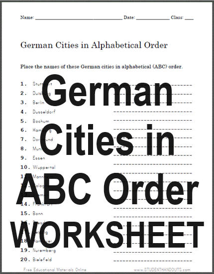 German Cities in ABC Order - Worksheet is free to print (PDF file).