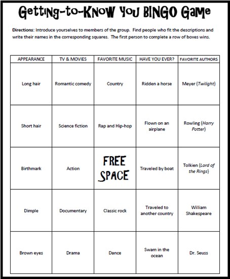 Getting-to-Know-You Bingo Game - Free to print (PDF file) with instructions.