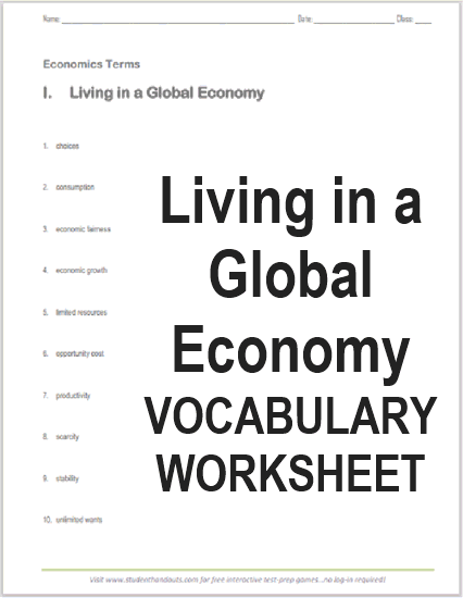 Living in a Global Economy Terms Worksheet - Free to print (PDF file) for high school Economics students.