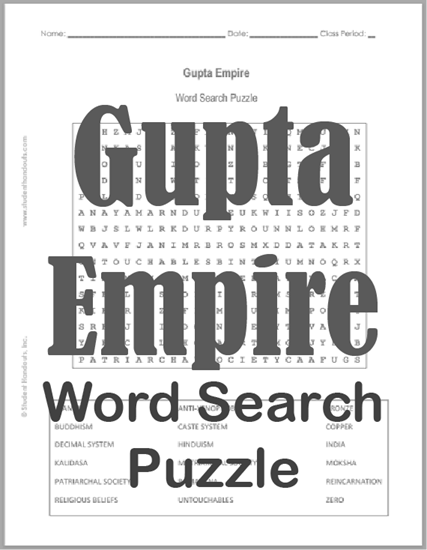 Gupta Empire Word Search Puzzle - Free to print (PDF file). Answer key included.