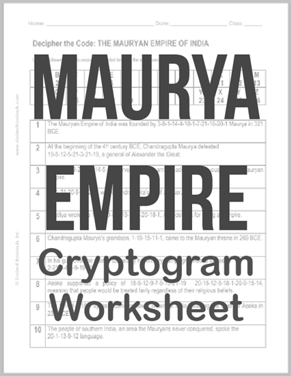 Maurya Empire of India - Free printable decipher-the-code puzzle worksheet for high school World History students.