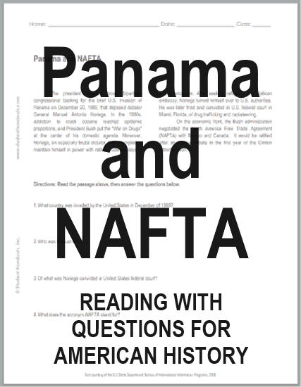 Panama and NAFTA - Free printable reading with questions (PDF file) for high school United States History students.