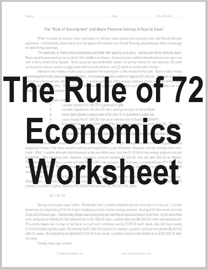 Rule of 72 Worksheet - Free printable reading with questions for grade 7-12 Economics (PDF file).