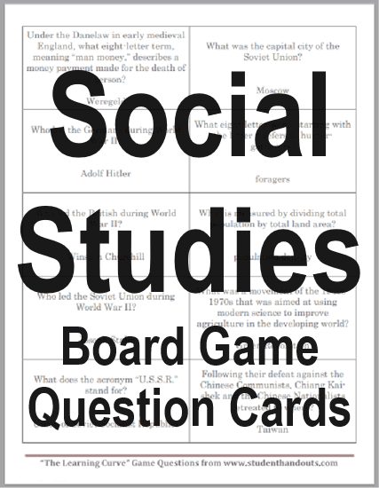 Social Studies Board Game Question Cards - Free to print (PDF files). Includes game boards and instructions.