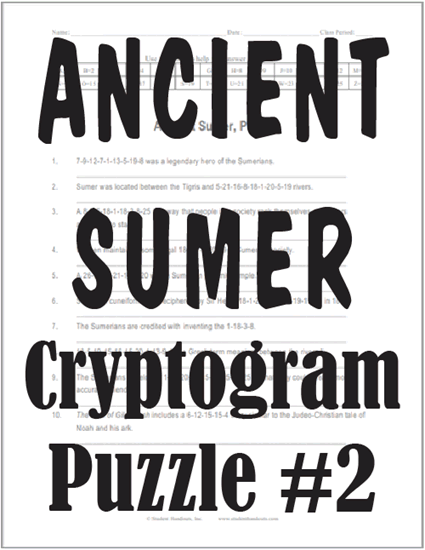 Ancient Sumer - Code Puzzle Worksheet #2: Free to print (PDF file) for World History.