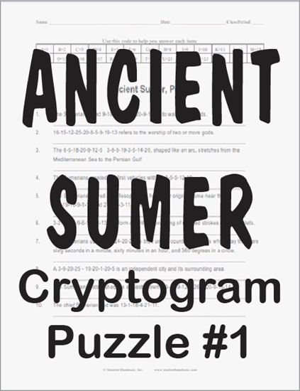 ANCIENT SUMER II - Free Printable Decipher the Code Puzzle for Teachers and Students