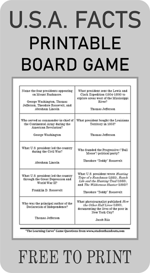 USA Facts Printable Game Cards - Free to print (PDF files) with 100 questions on the United States for family game night!