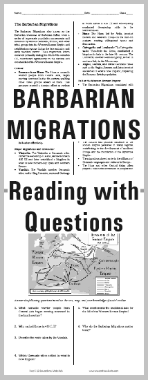 Barbarian Migrations Reading with Questions - Free to print (PDF file). Two-sided worksheet for junior and senior high school World History students.