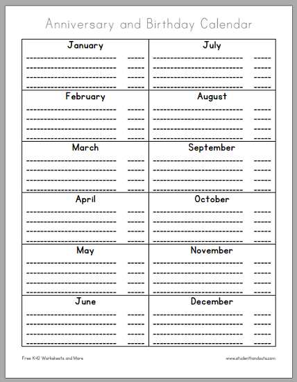 Anniversary and Birthday Calendar Free to print (PDF file)