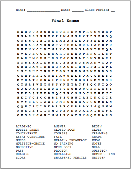 Final Exams - Free Printable Word Search Puzzle | Student Handouts