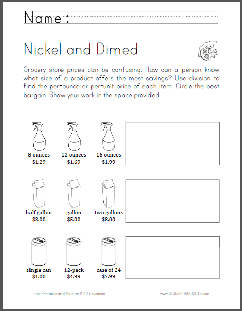 nickel and dimed grocery store division math worksheet ccss