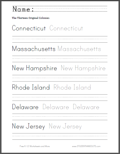 Thirteen Colonies Handwriting and Spelling Sheet - Free to print (PDF