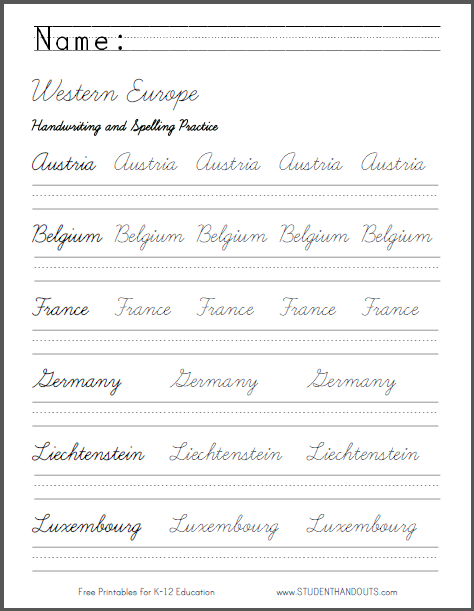 Western Europe Handwriting Practice Worksheets  Cursive script or print manuscript. Free to 