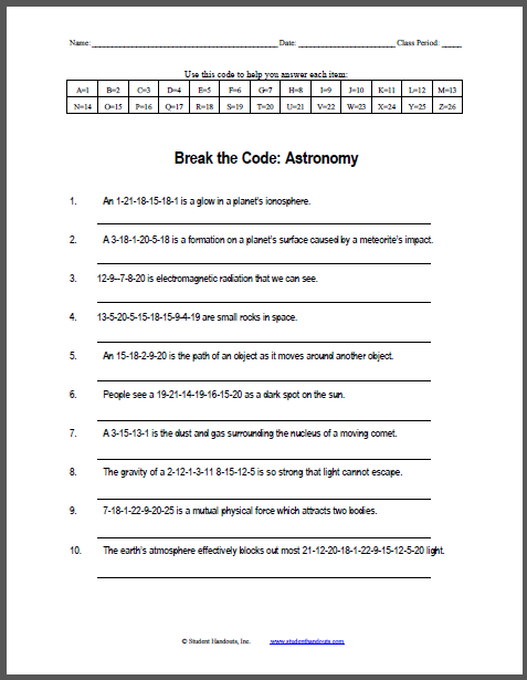 Astronomy Break-the-Code Puzzle Worksheet | Student Handouts